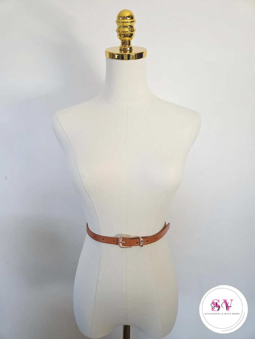 Caramel Color Thin Belt With Gold Buckle